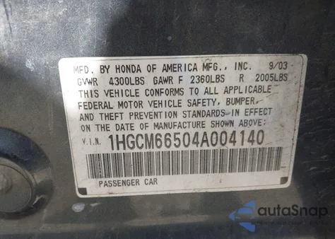 2004 Honda Accord 3.0 Ex z USA, uszkodzony, nr VIN 1HGCM66504A004140